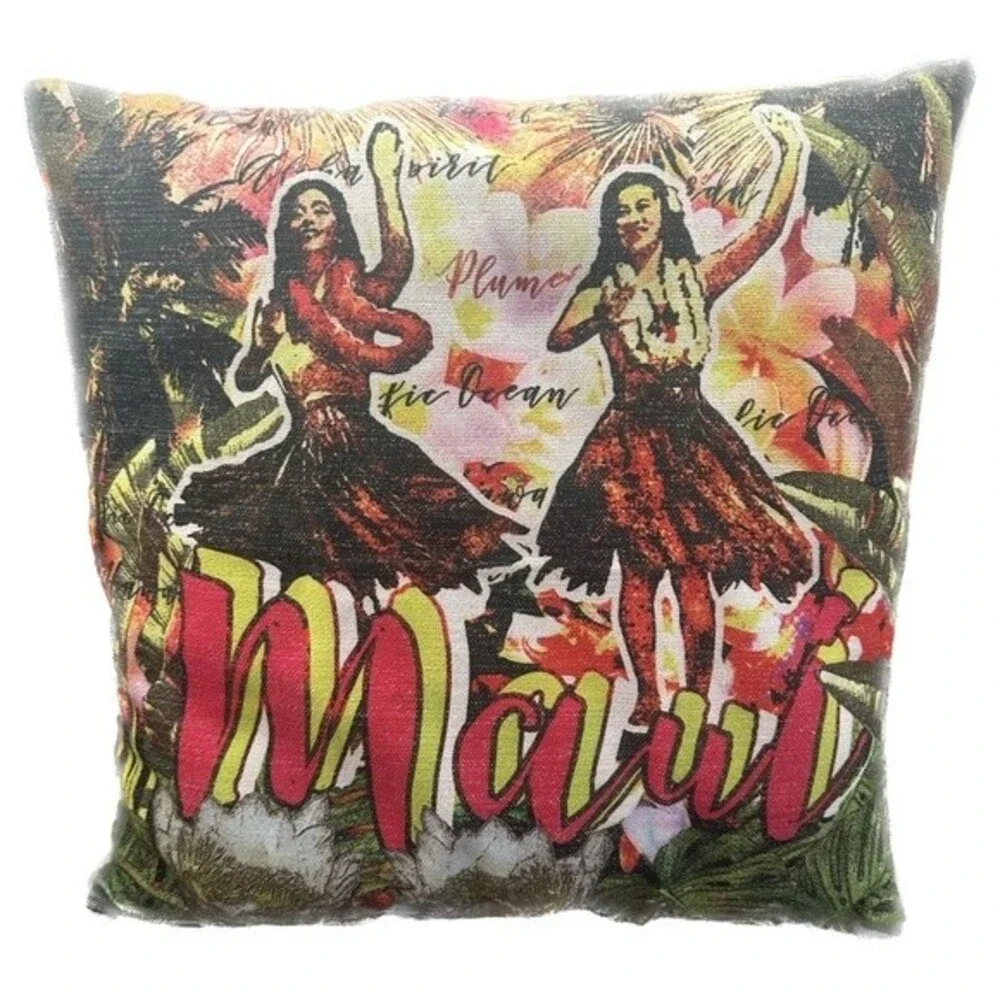 Maui Vintage Hawaii Hula Dancers Accent Square Pillow Cover Case Tropical Decor